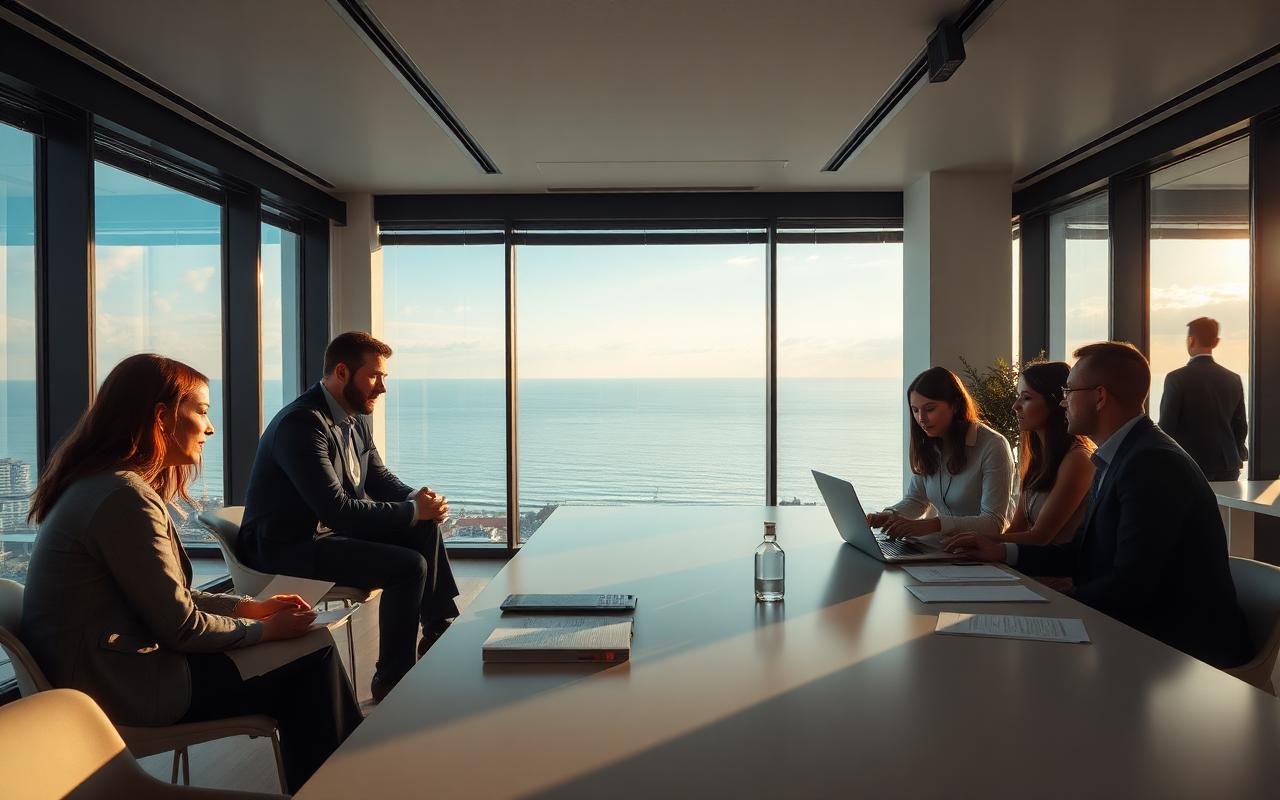 Professionisti in un moderno ufficio con vista sul mare a Varna